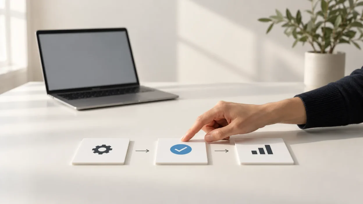 Hand approving the middle step in a simple three-step AI workflow beside a laptop