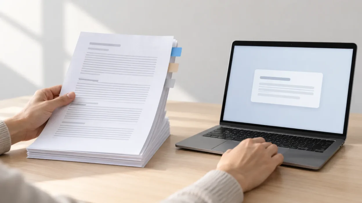 Person comparing a tagged document stack with a short summary on a laptop