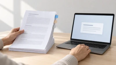 Person comparing a tagged document stack with a short summary on a laptop