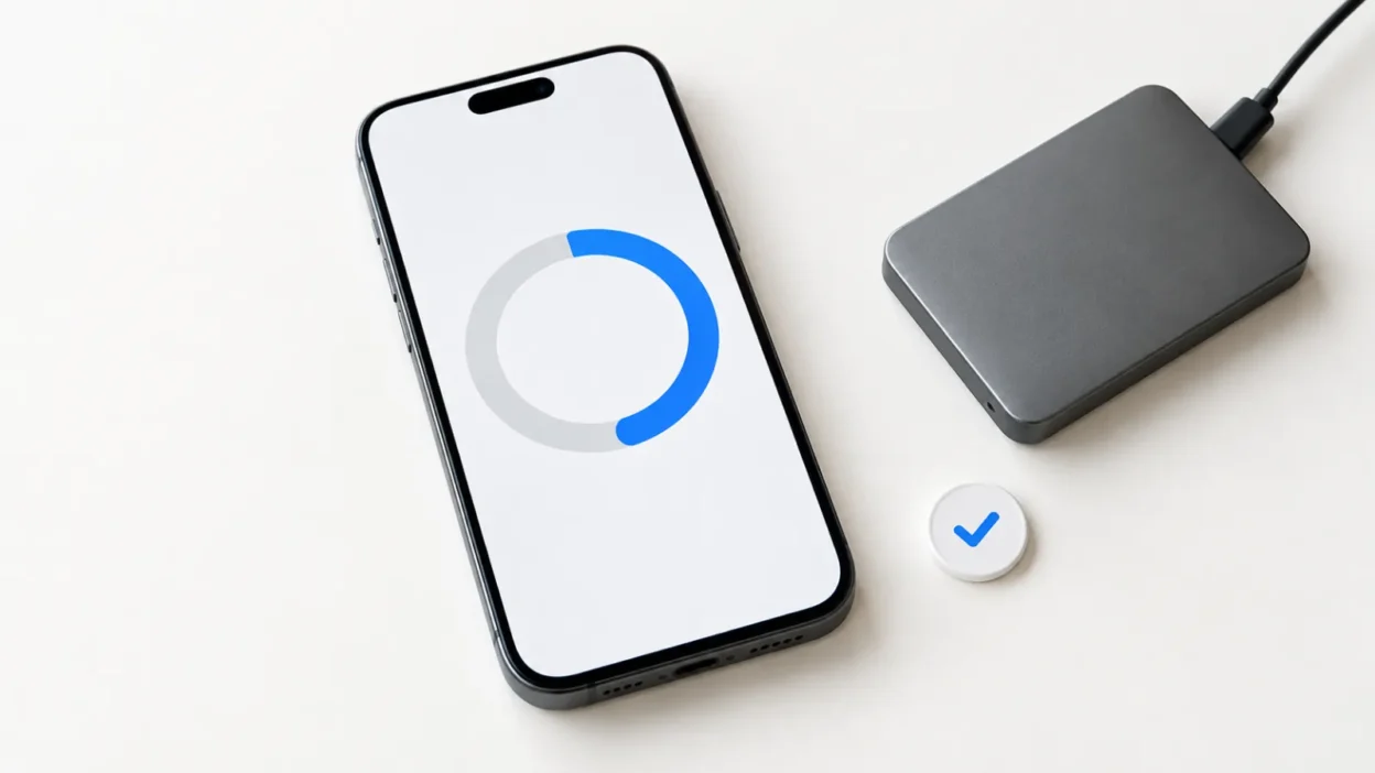 Smartphone showing an abstract storage ring beside an external drive and backup check token