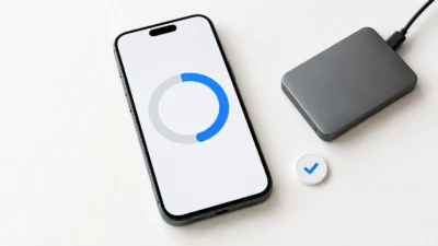 Smartphone showing an abstract storage ring beside an external drive and backup check token