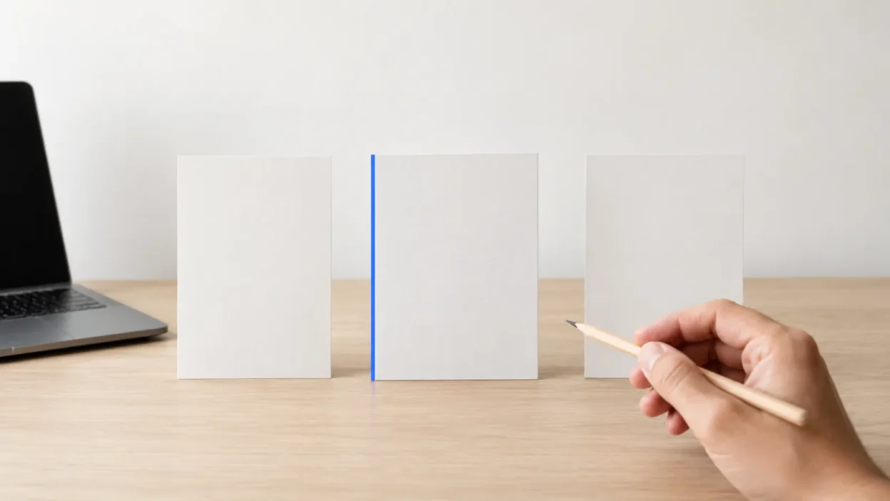 Three blank comparison cards with the middle option marked by a blue edge