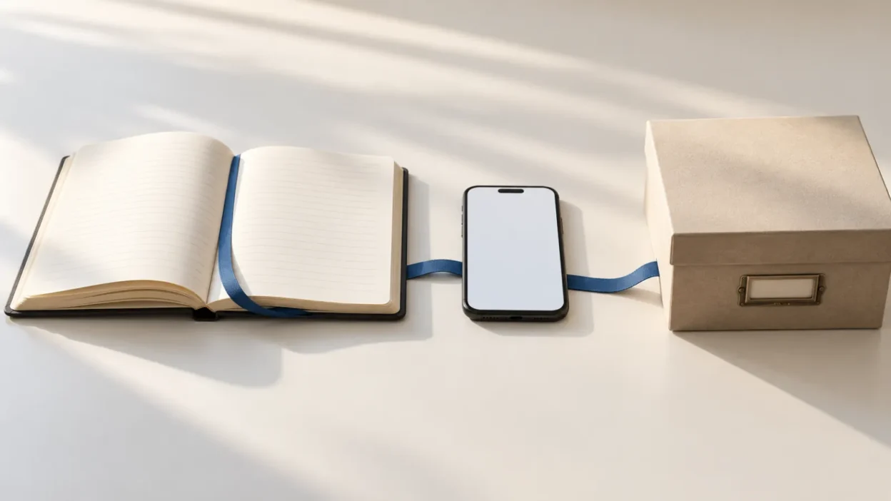 Open notebook, smartphone and archive box connected by a blue ribbon