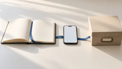 Open notebook, smartphone and archive box connected by a blue ribbon